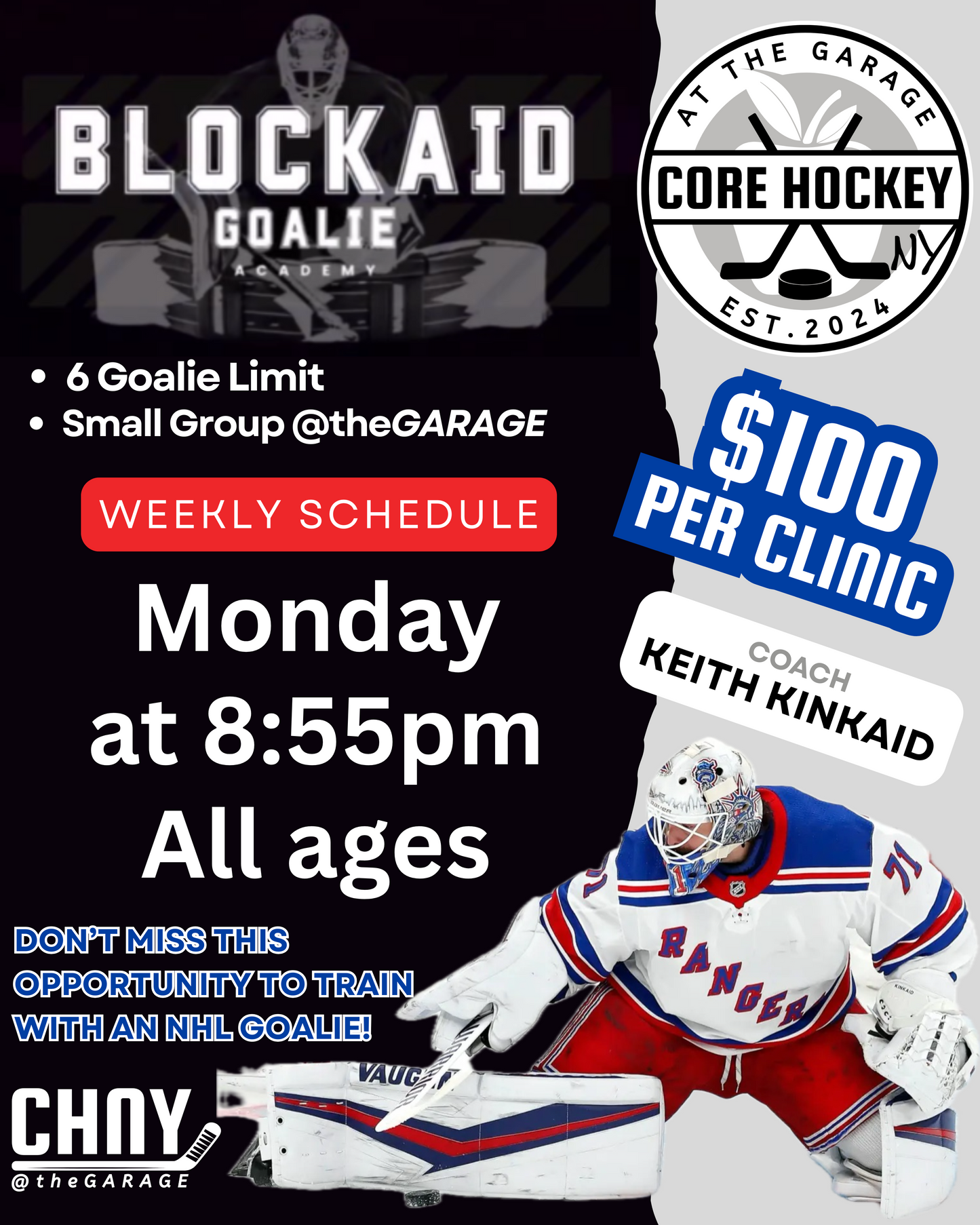 BLOCKAID GOALIE ACADEMY Clinic - Mon. 12/15, 8:55PM (All Ages) - Keith Kinkaid