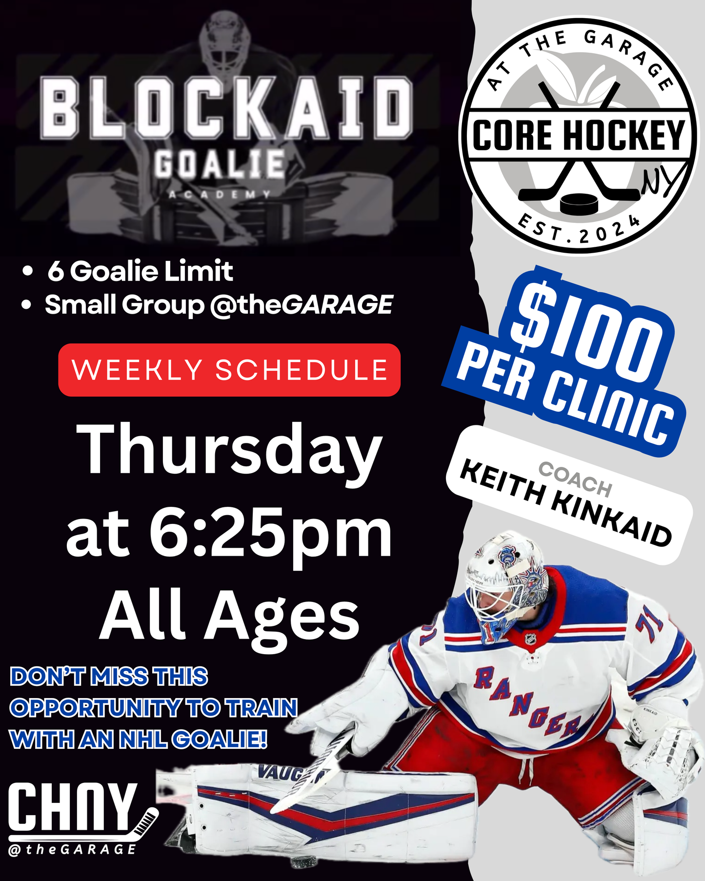BLOCKAID GOALIE ACADEMY Clinic - Thurs. 12/18, 6:25PM (All Ages) - Keith Kinkaid