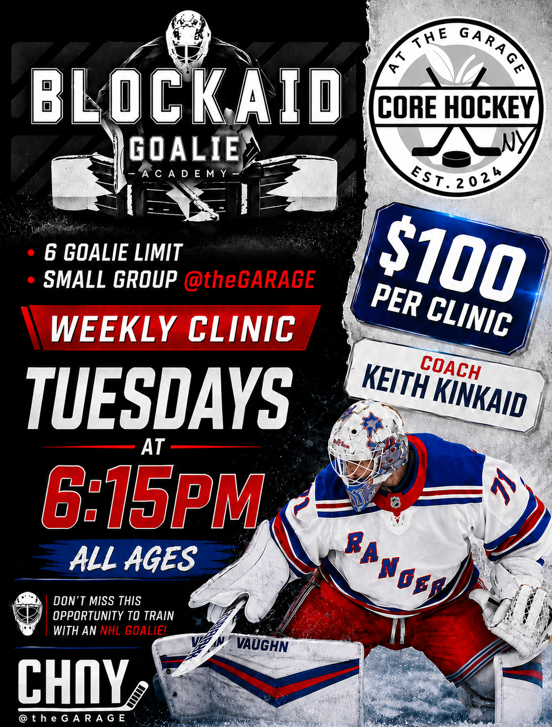BLOCKAID GOALIE ACADEMY Clinic - Tues. 10/6, 6:15PM (All Ages) - Keith Kinkaid