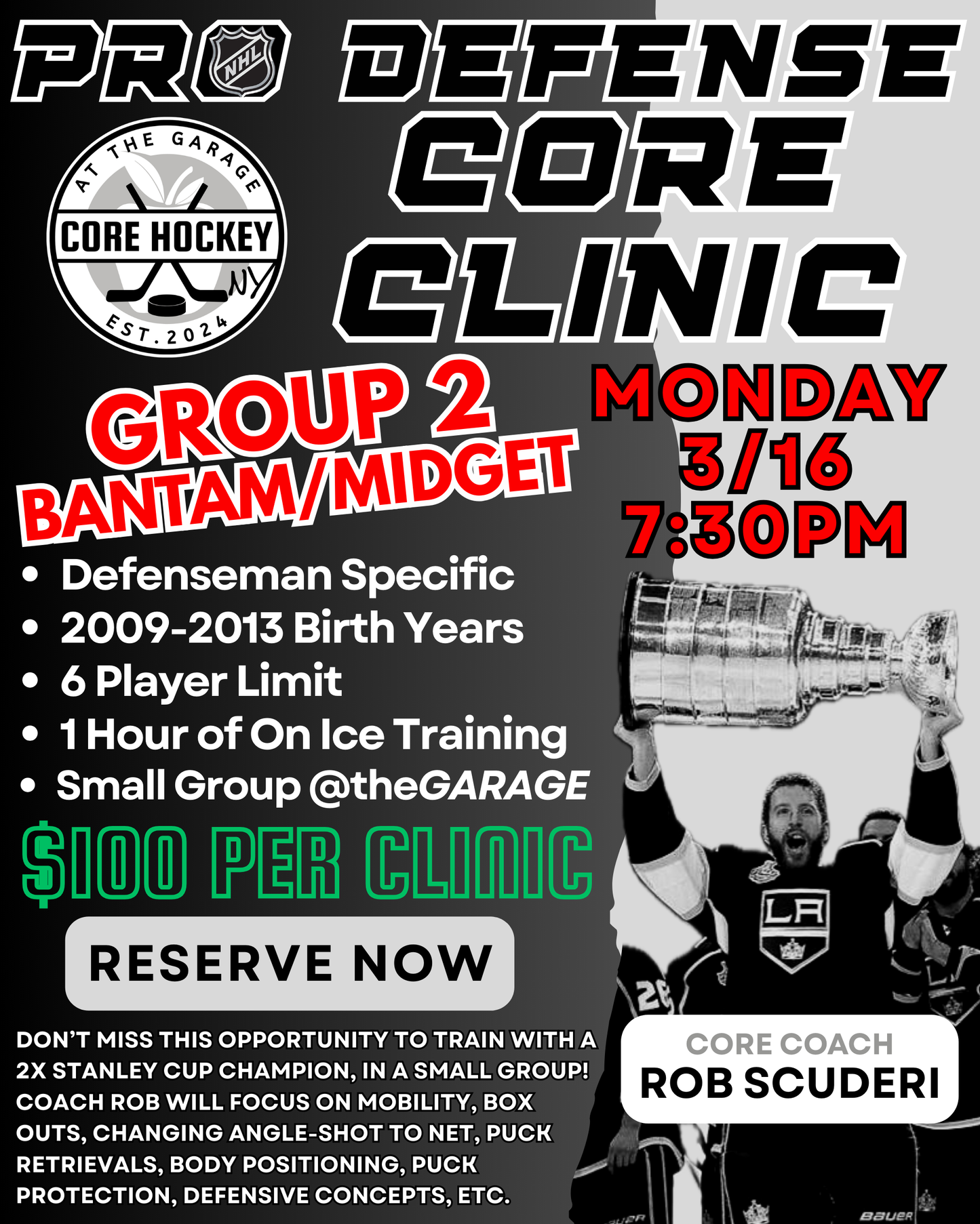 PRO DEFENSE CORE Clinic - Mon. 3/16 7:30PM (Bantam/Midget 2009-2013's) - Rob Scuderi